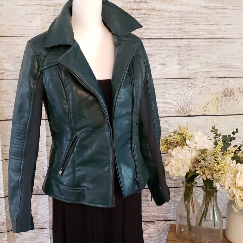 Green Faux Leather Moto Jacket, Size Small